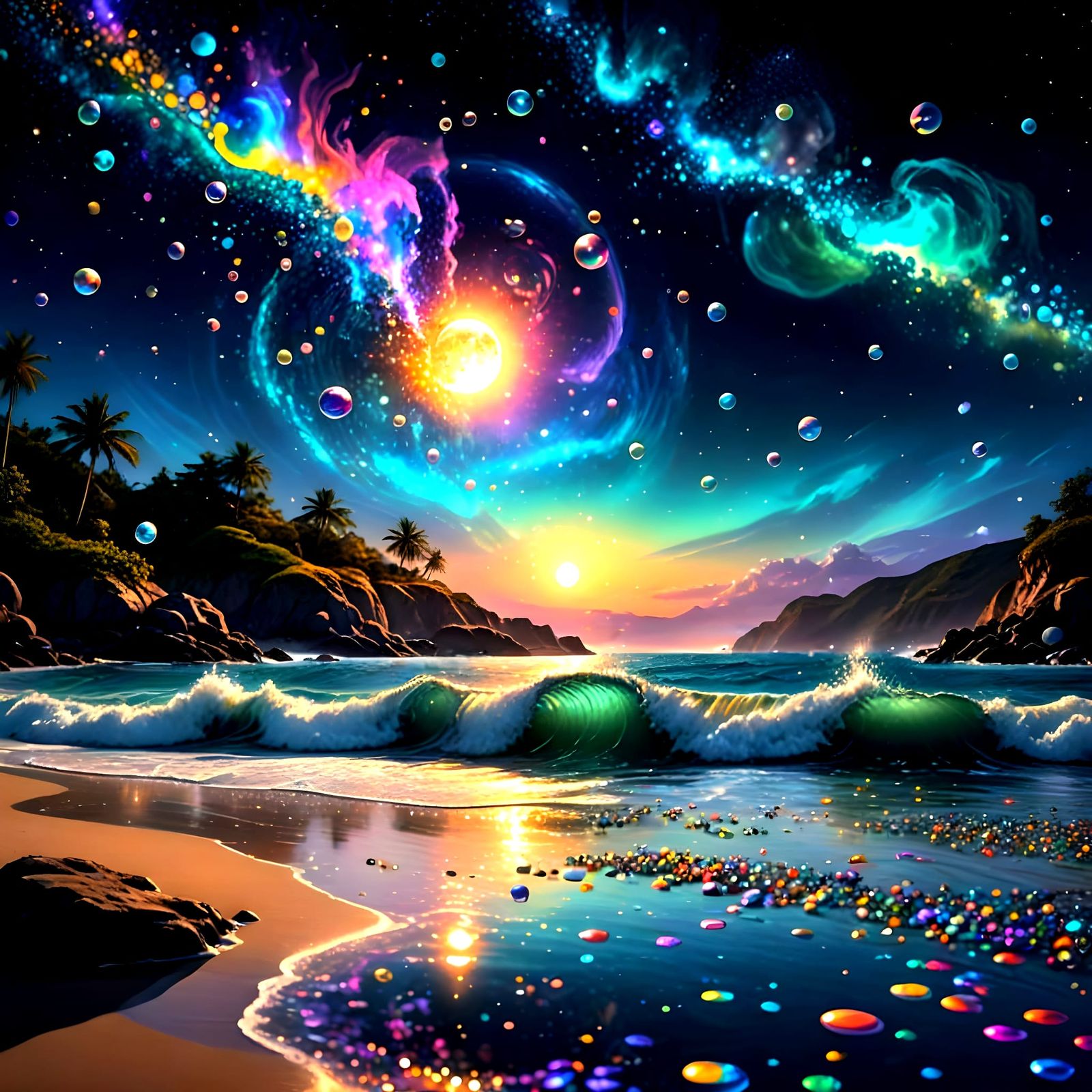 Surreal Cosmic Beach Scene with Iridescent Bubbles and Starl...