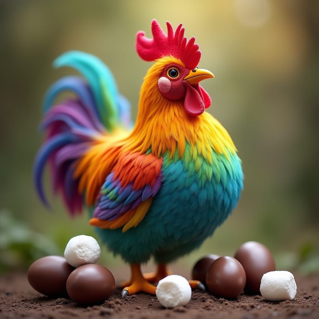Vibrant Rainbow Chicken Surrounded by Chocolate Eggs