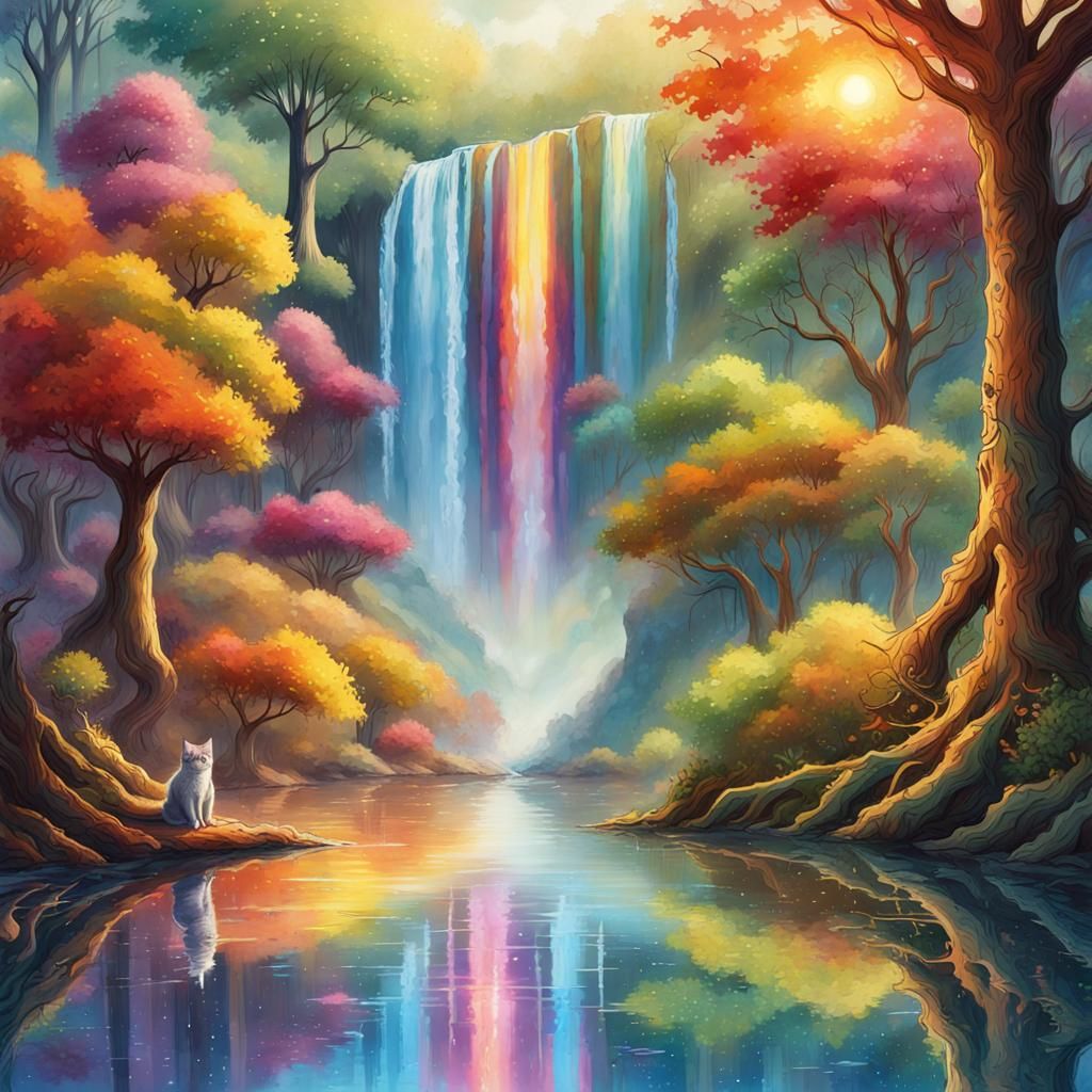 Rainbow Forest with Cats: Oil and Watercolor Painting
