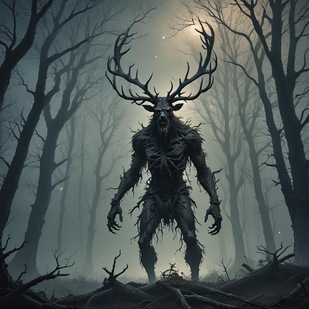 Eerie Wendigo in Misty Dark Fantasy Forest