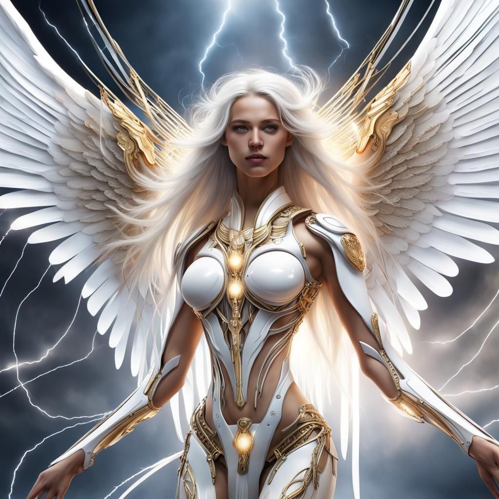 Futuristic Biomechanical Angel with White Wings