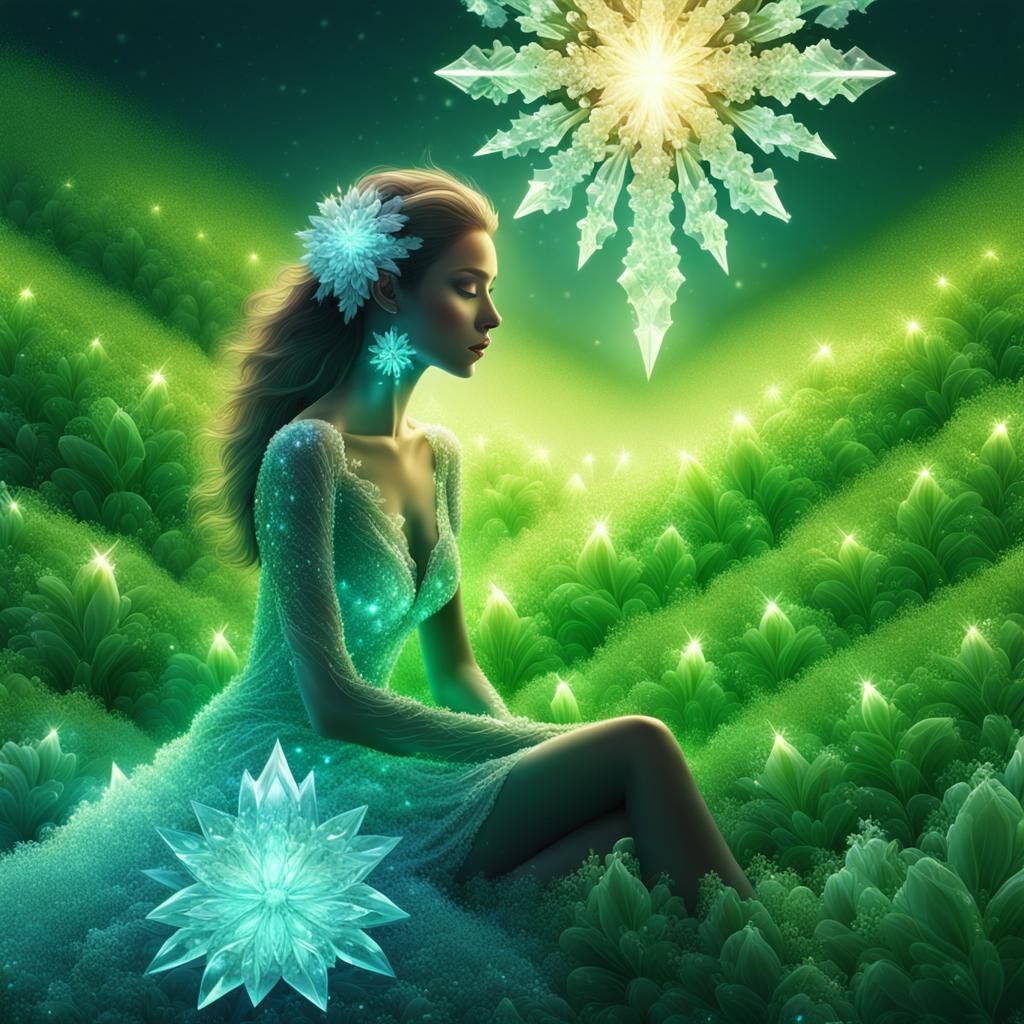 Crystalline Figure in Lush Field, Digital Art