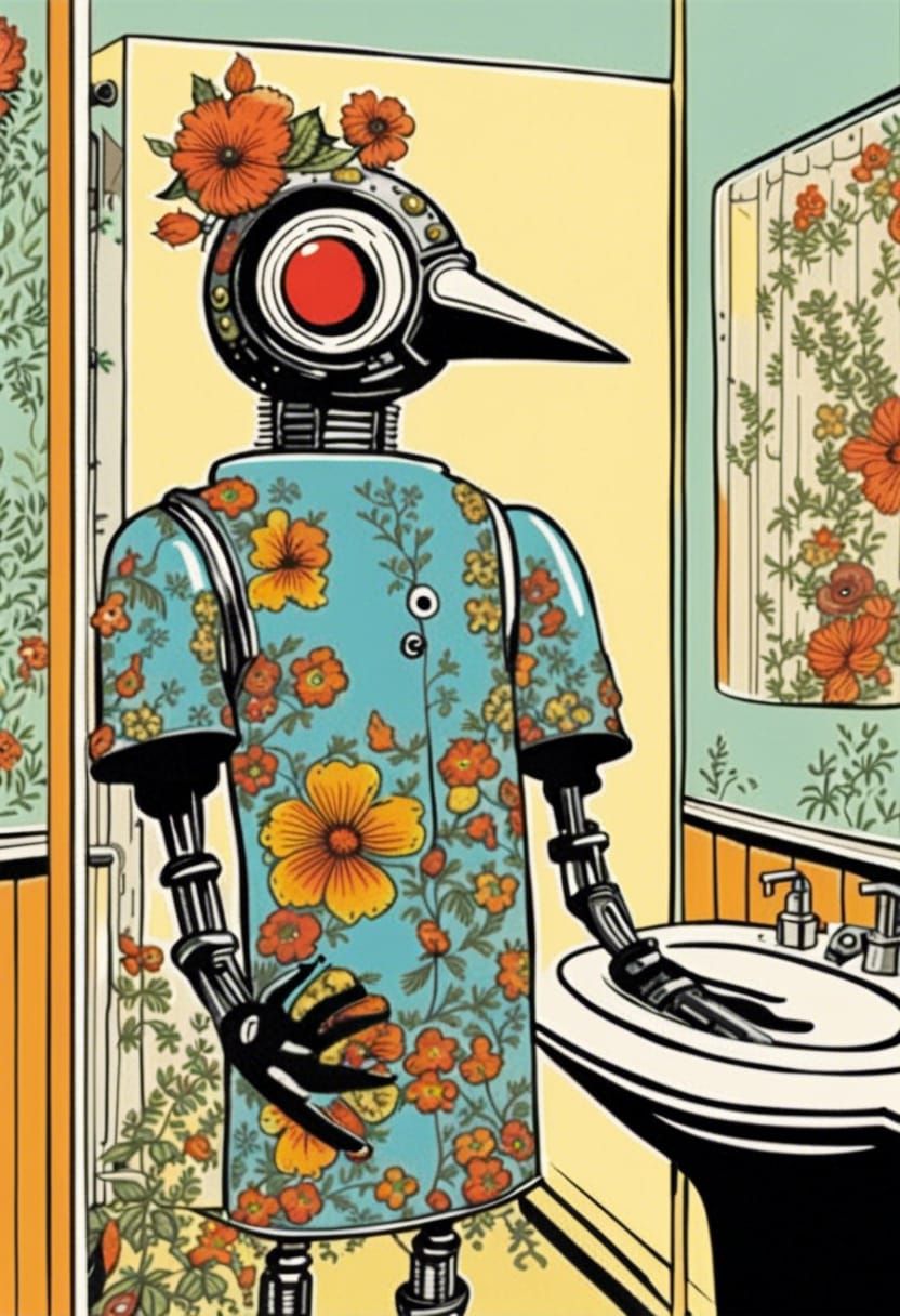 Robot Bird in Bathroom, Retro 60s Screen Print