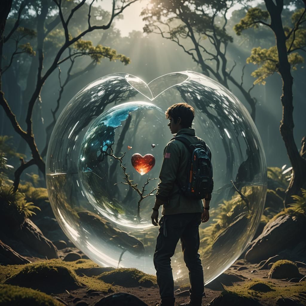 Ethereal Glass Figure with Planetary Heart