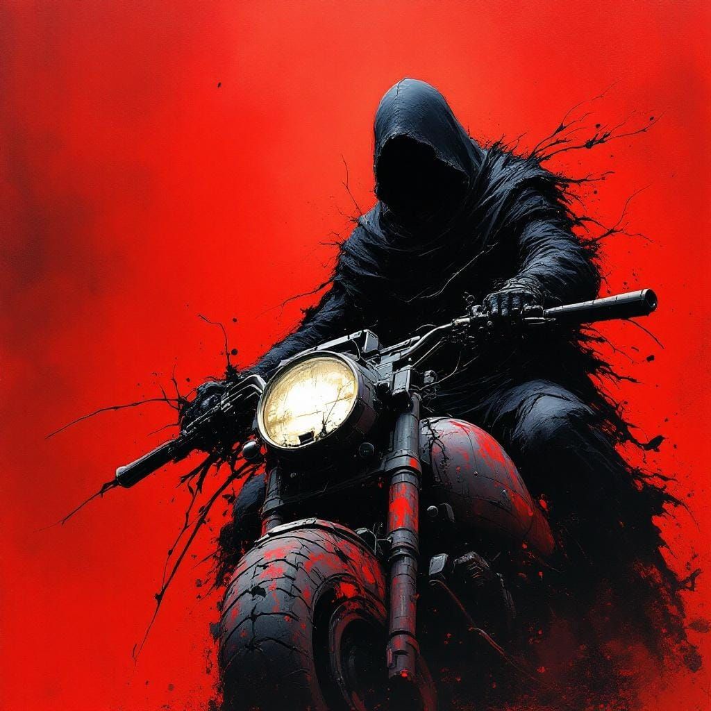 Hooded Rider on Chopper in Impasto Style