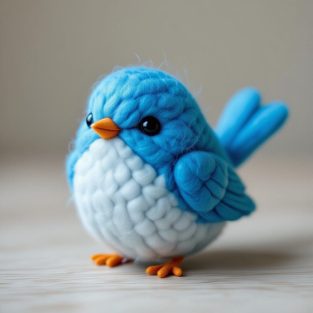Cute Felted Blue Bird with Fluffy Texture