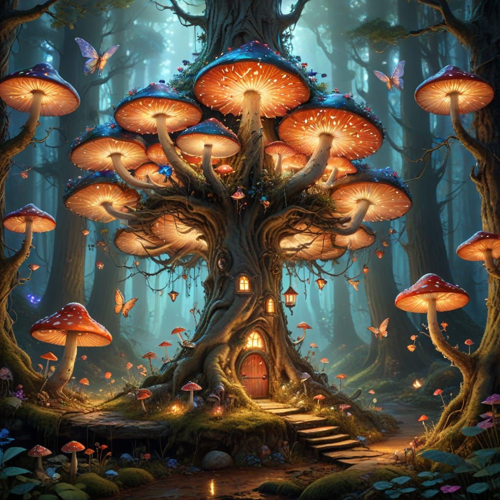 Whimsical Fantasy Forest Scene in Vibrant Oil Painting