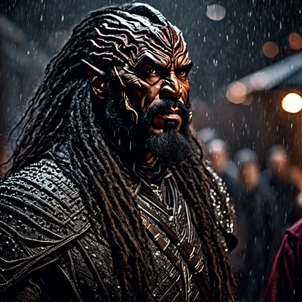 Klingon Warrior in Rainy Alley: Hyperdetailed Film Still