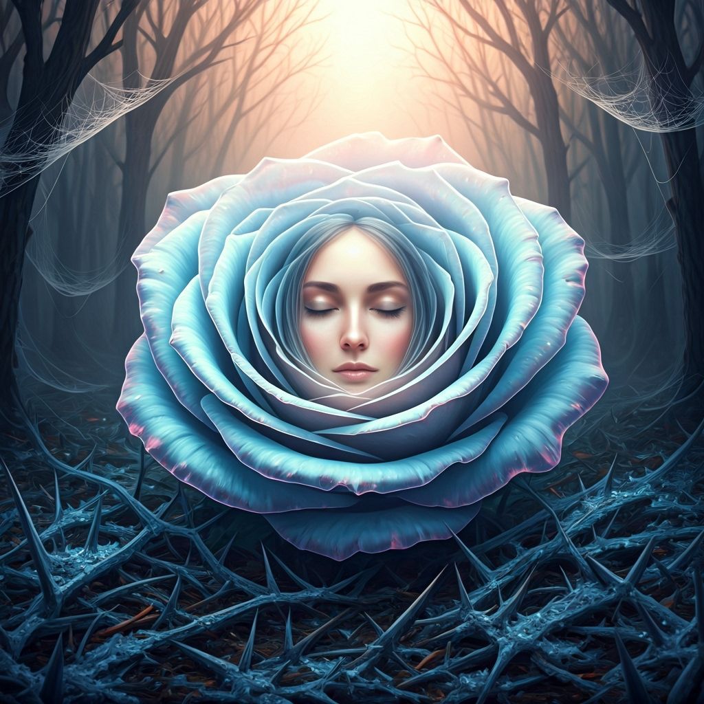 Ethereal Crystal Rose Woman in Misty Glade