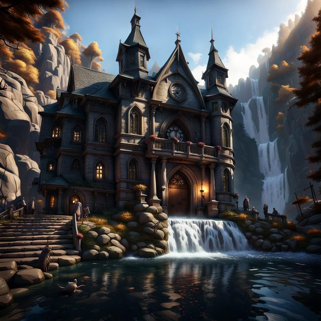 Gothic Town Hall in Mountain Waterfalls, Dark Fantasy Art