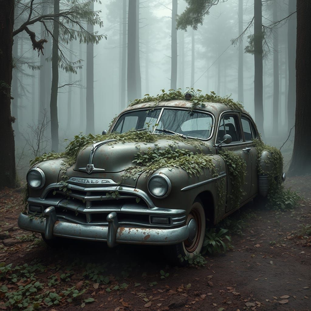 Vintage Car in Overgrown Dystopian Landscape