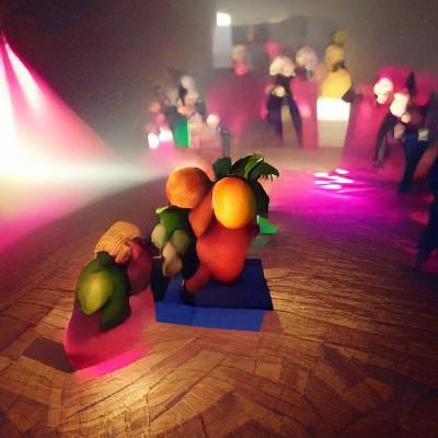Dance Club Scene with Fruit People in Volumetric Lighting