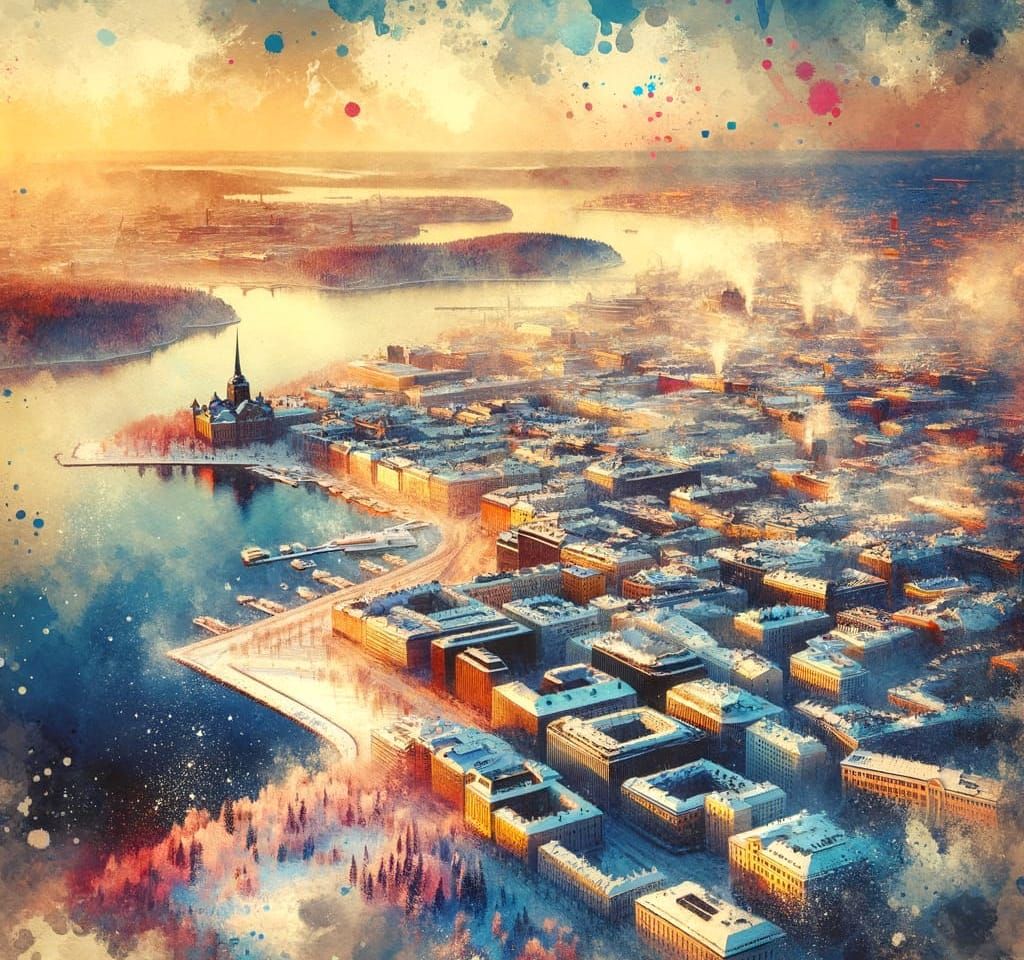 Helsinki in Winter: Impressionistic Aerial View at Dawn