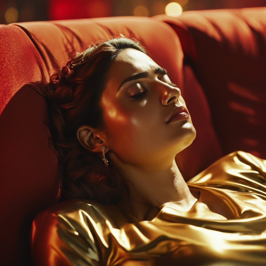 Woman in Golden Saree Asleep on Red Sofa