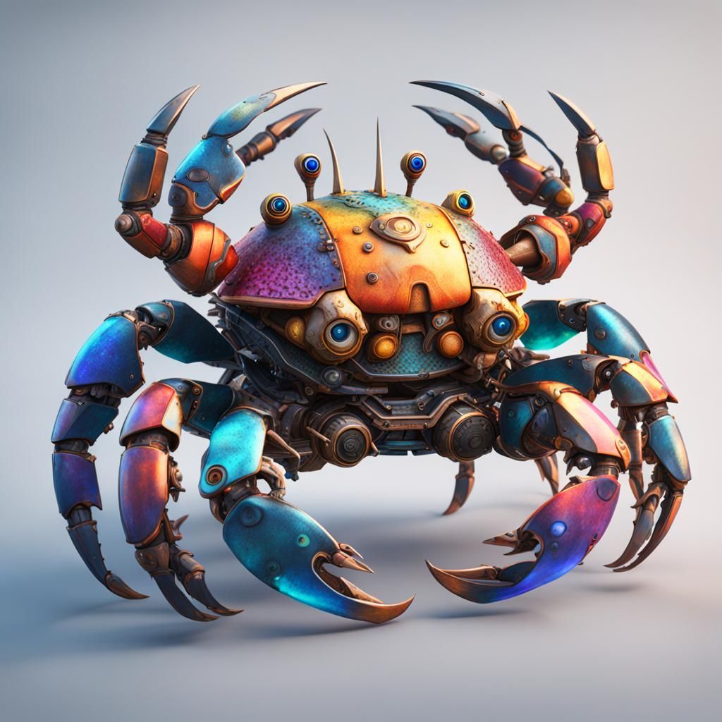 Steampunk Crab with Colorful Fish, Detailed Digital Art