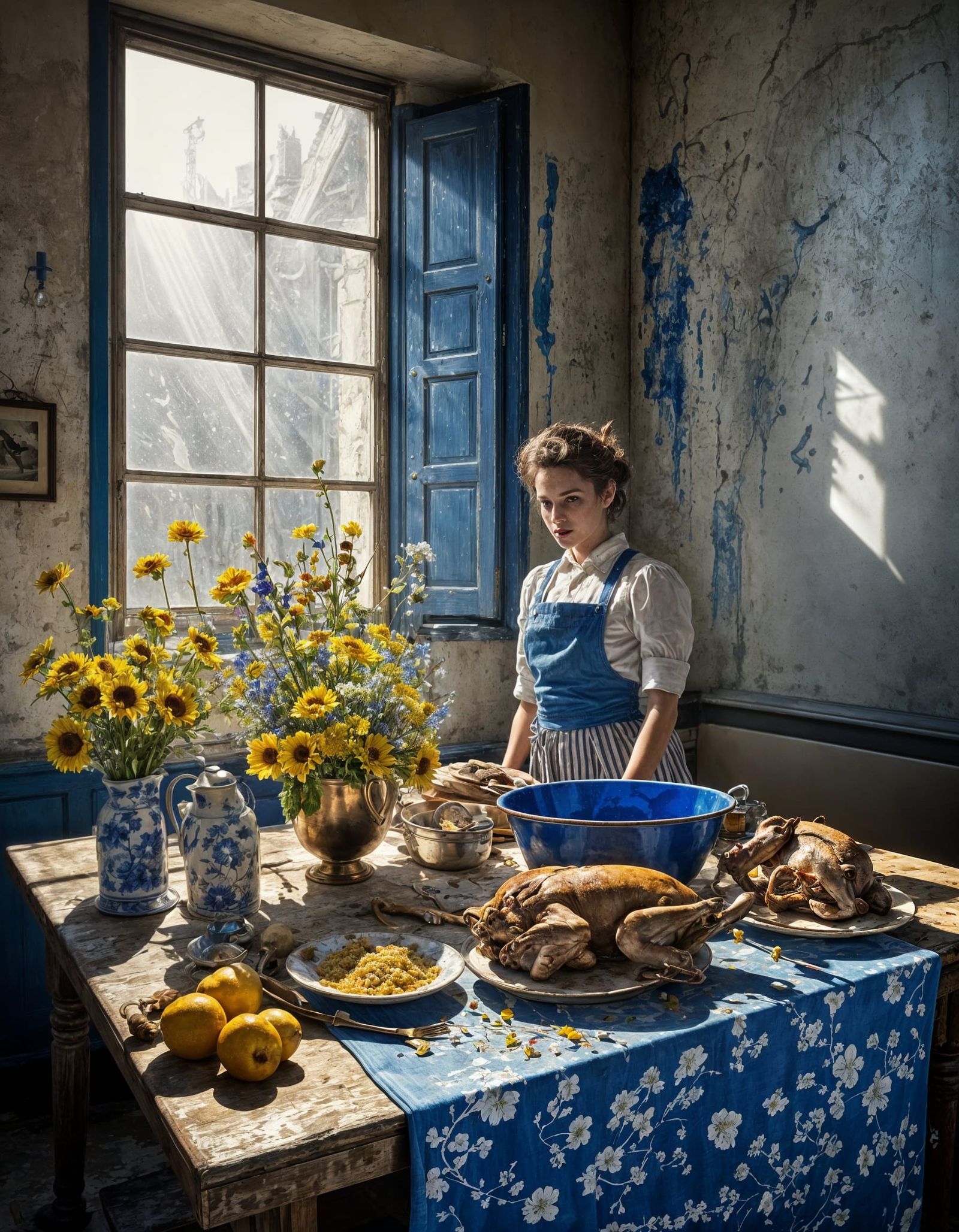 Dry Flowers in Delft Blue Copper Bucket, Hyperrealism