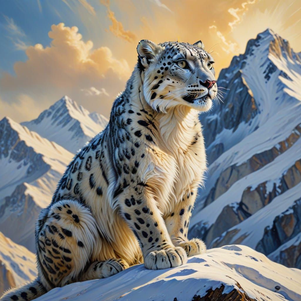 Snow Leopard on Mountain in Impasto Oil Painting