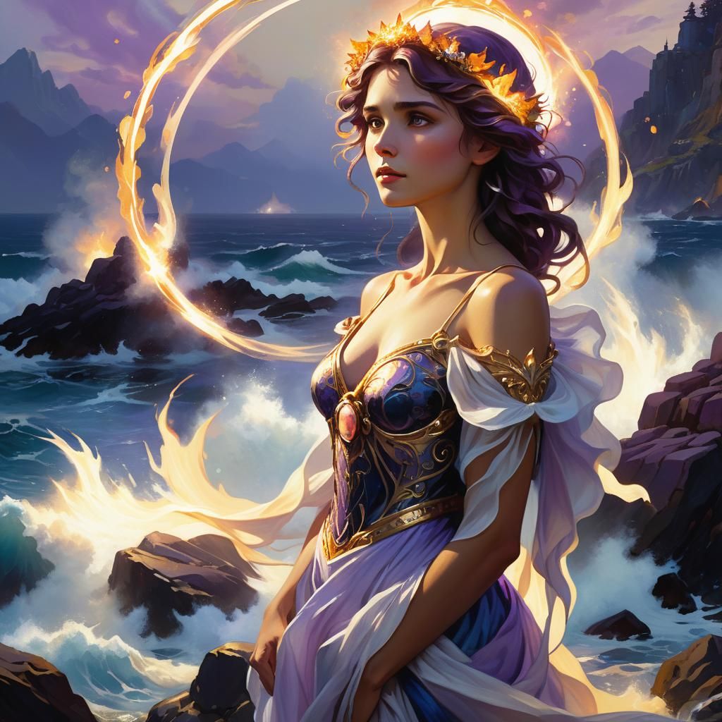 Ethereal Woman on Rocky Shoreline in Dreamy Realism