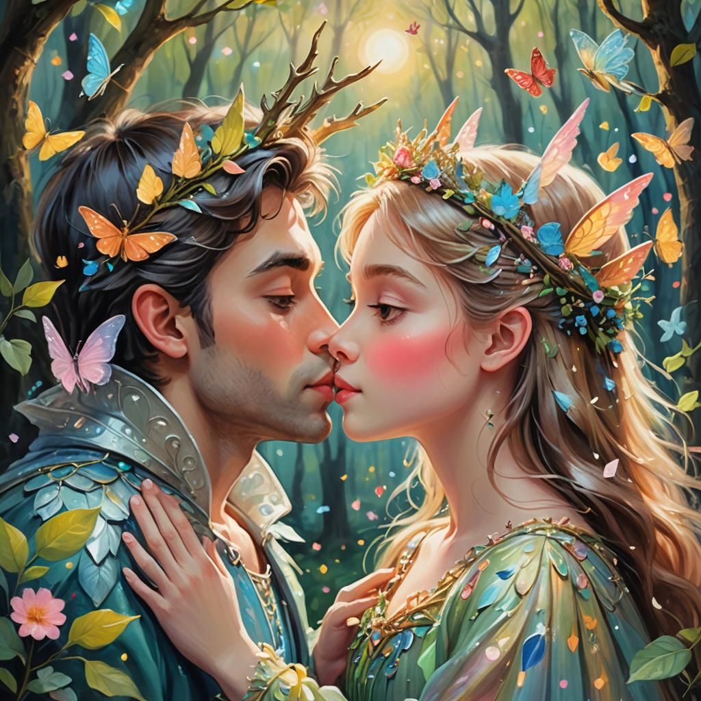 Romantic Fairy Tale Prince and Princess Kiss