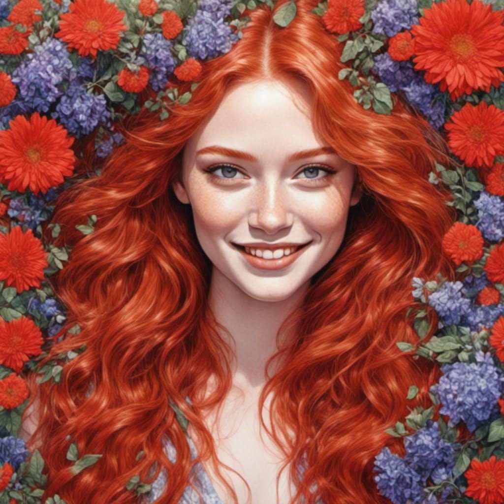 Redhead Smiles in Urban Garden: Pop Art Portrait
