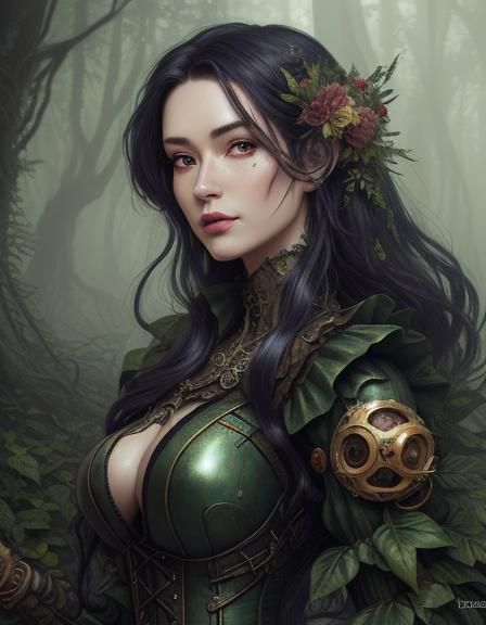 In the art style of Luis Royo. Snow White. Fairy forest. Dar...