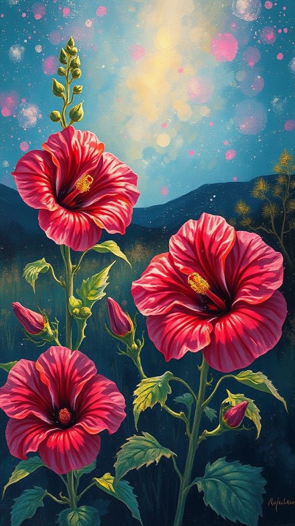 Bioluminescent Hibiscus Landscape in Oil on Canvas