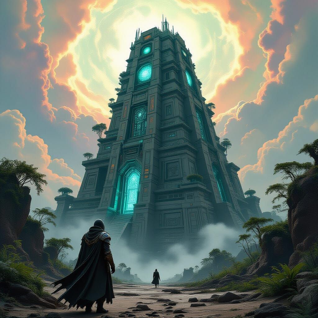 Wanderer at Biomechanical Ziggurat in Giger Style