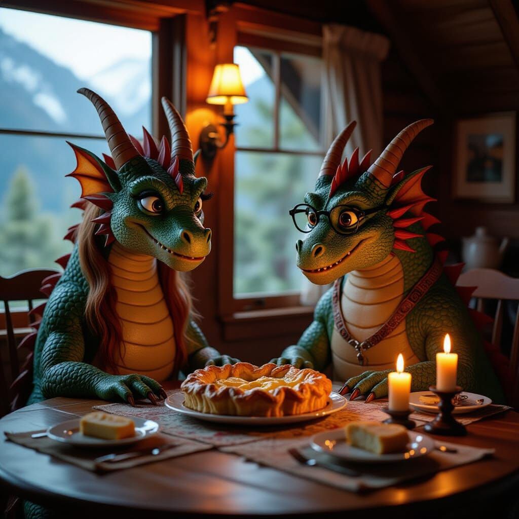 Dragons and Tapir Enjoy Apple Strudel in Cozy Cabin