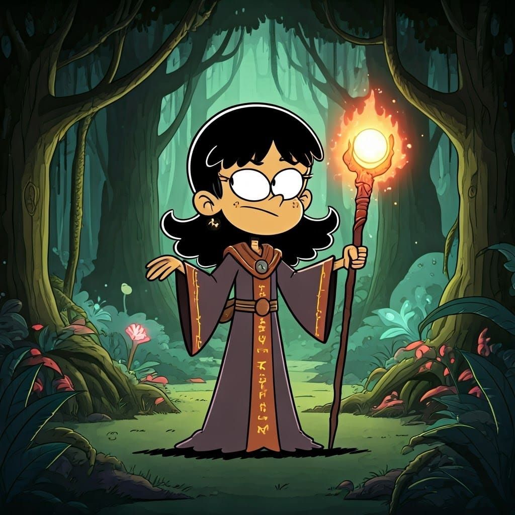 Mystical Sorceress in a Vibrant Cartoon Forest