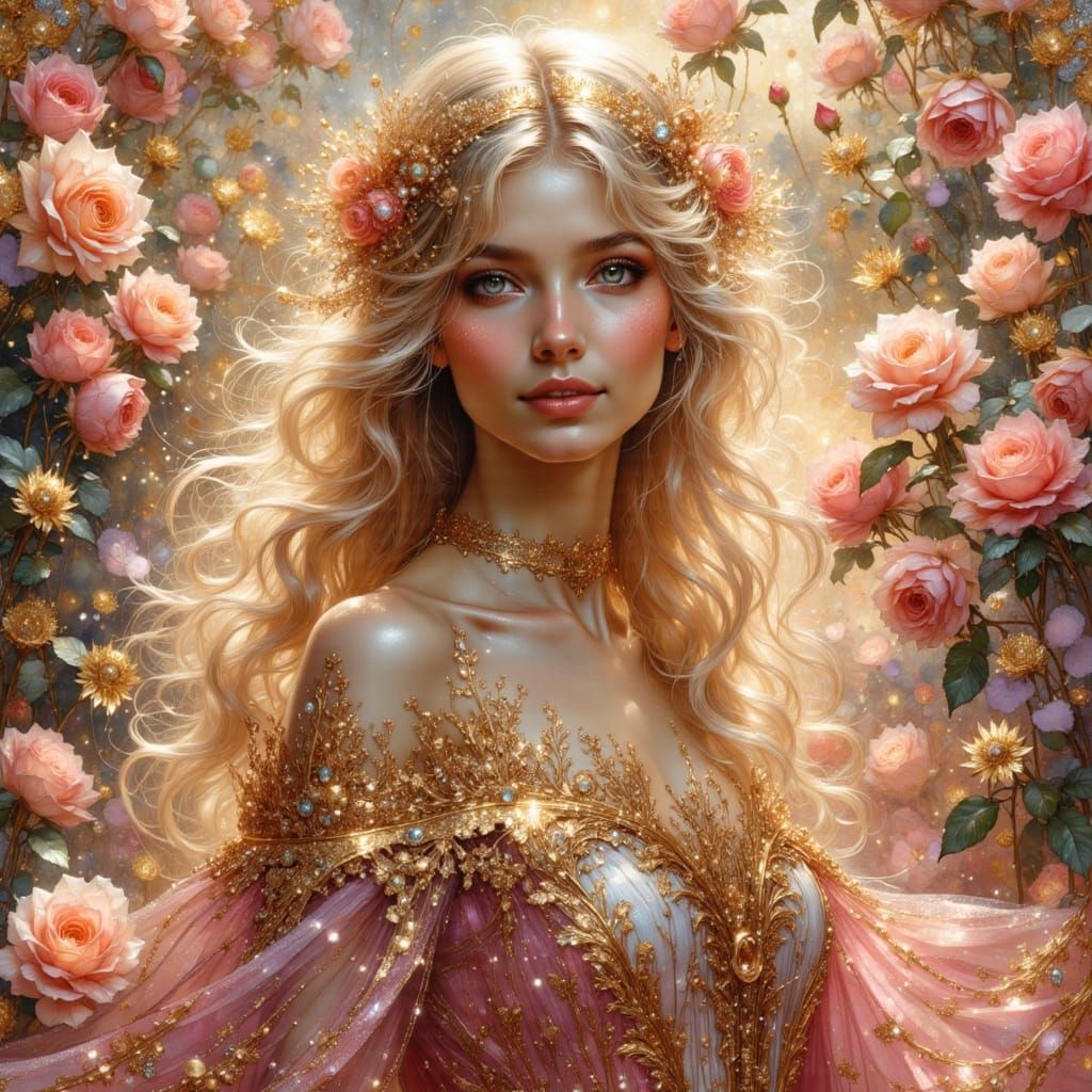 Sparkling Art Nouveau Woman in Rose Garden