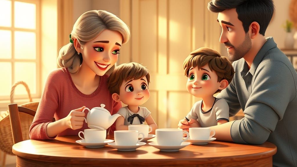 Warm Family Gathering in Whimsical Disney Pixar Style