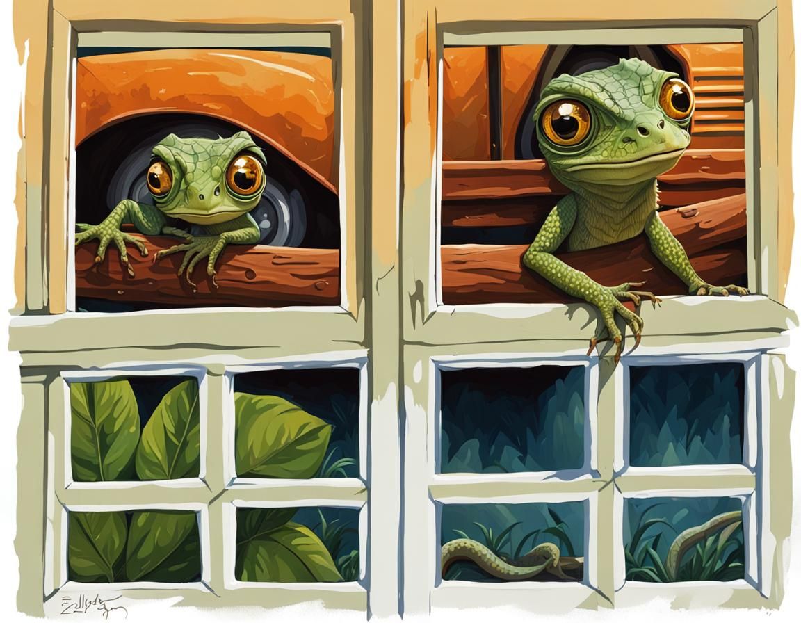 Hyperrealistic Lizard Portrait on Broken Window Sill