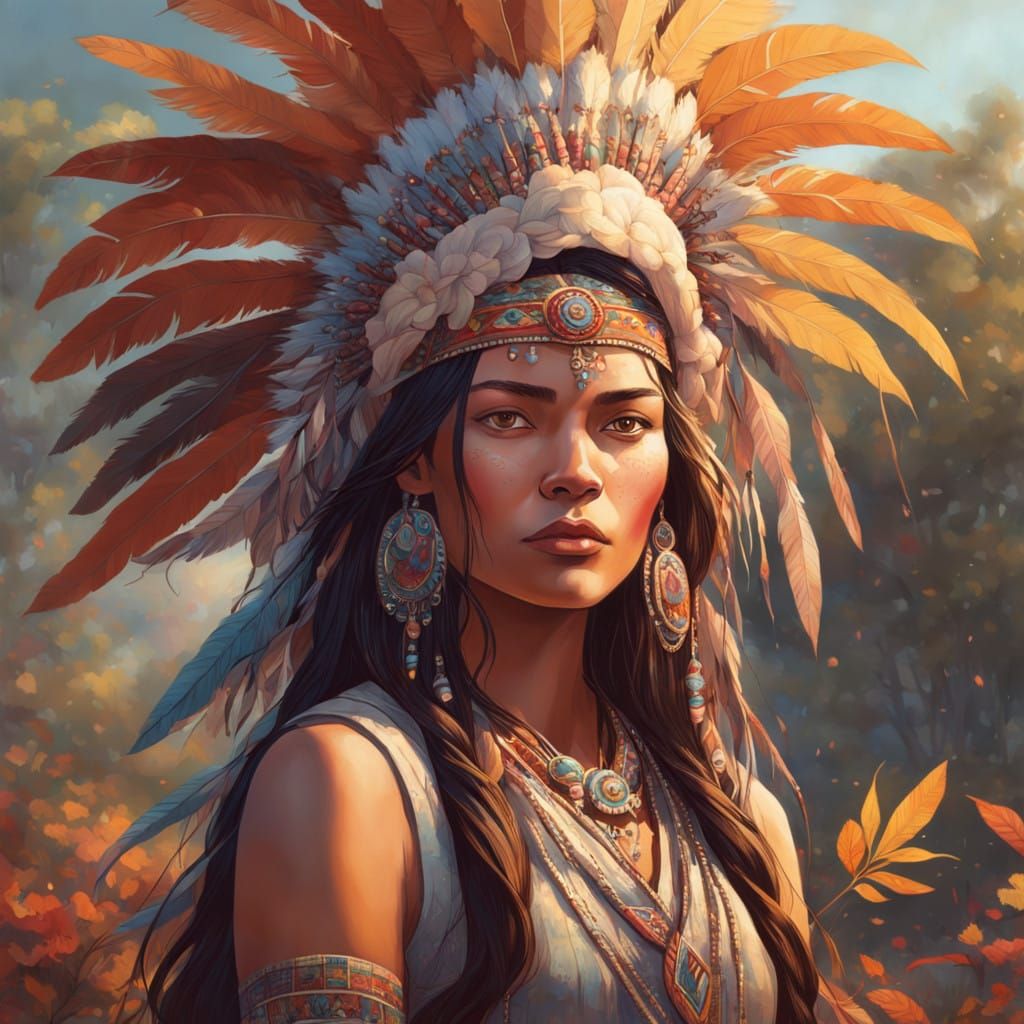 Native Autumn Goddess in Vibrant Floral Headdress