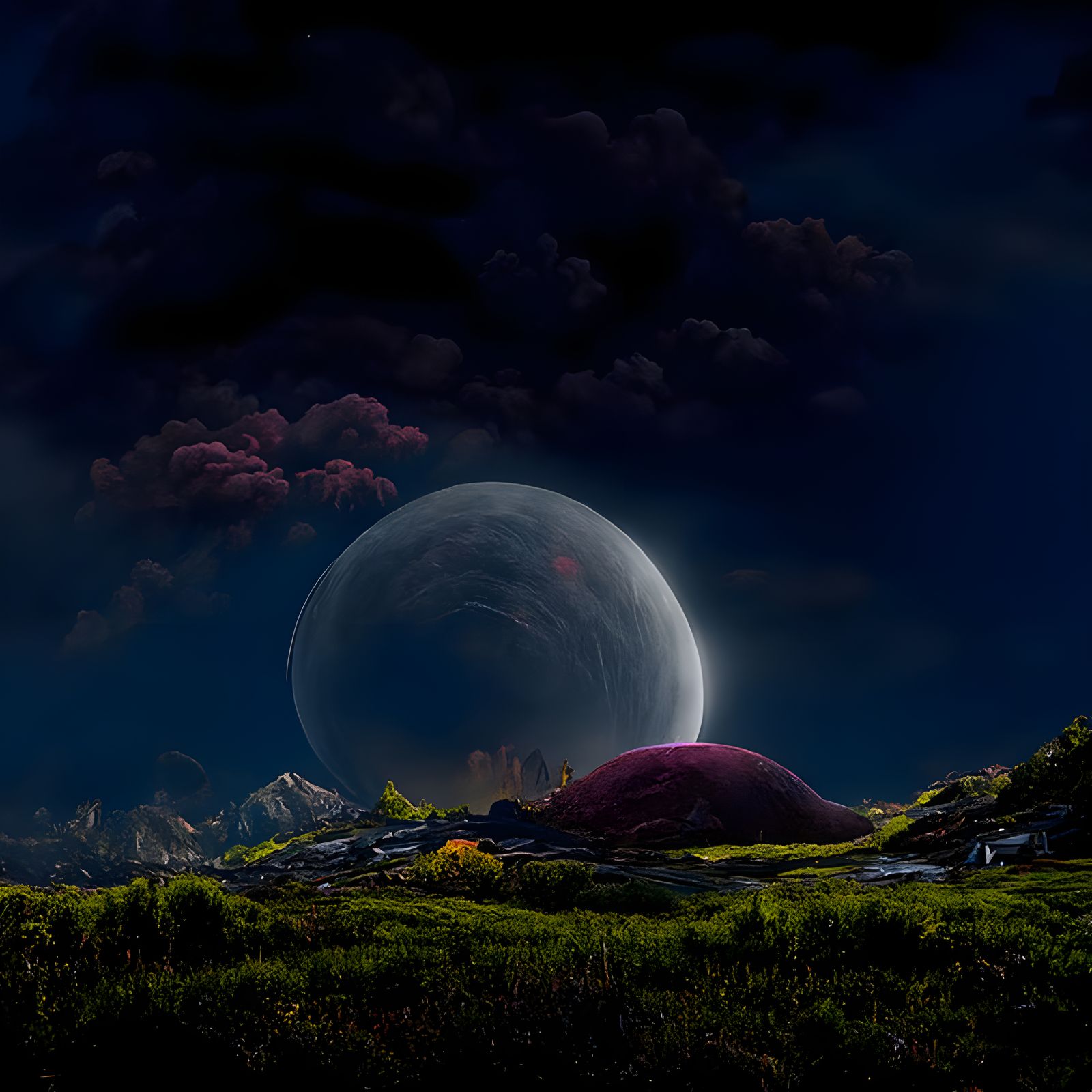 Giant Pink Moon Over Alien Planet