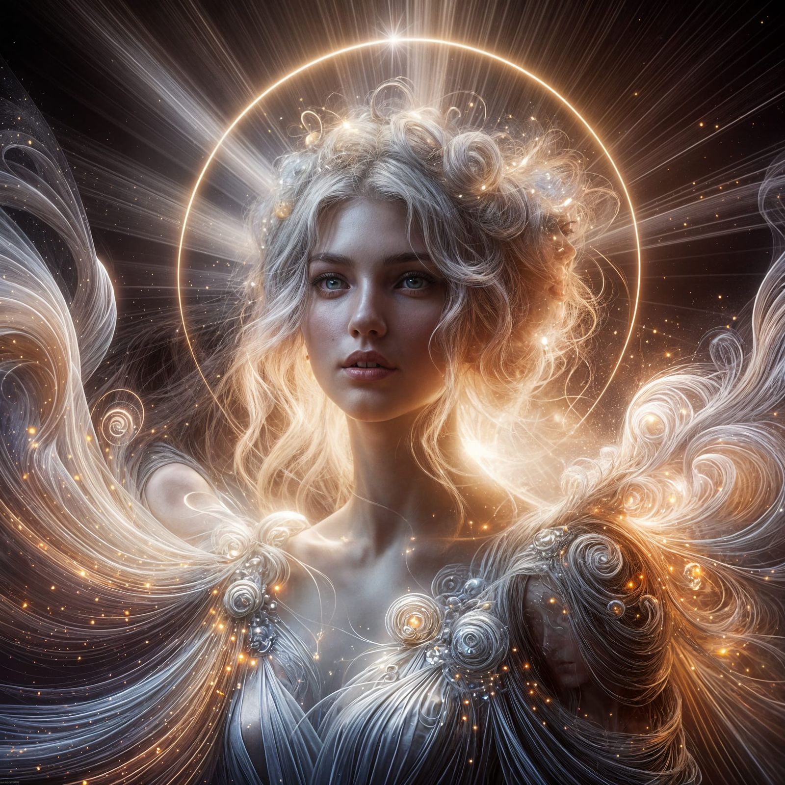 Ethereal Goddess in Starlight Gown, Art Nouveau Lighting