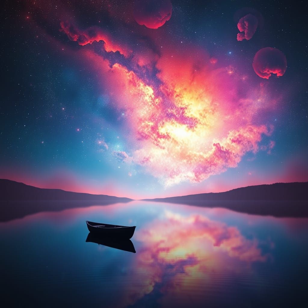 Surreal Galaxy Sunset Over Tranquil Lake