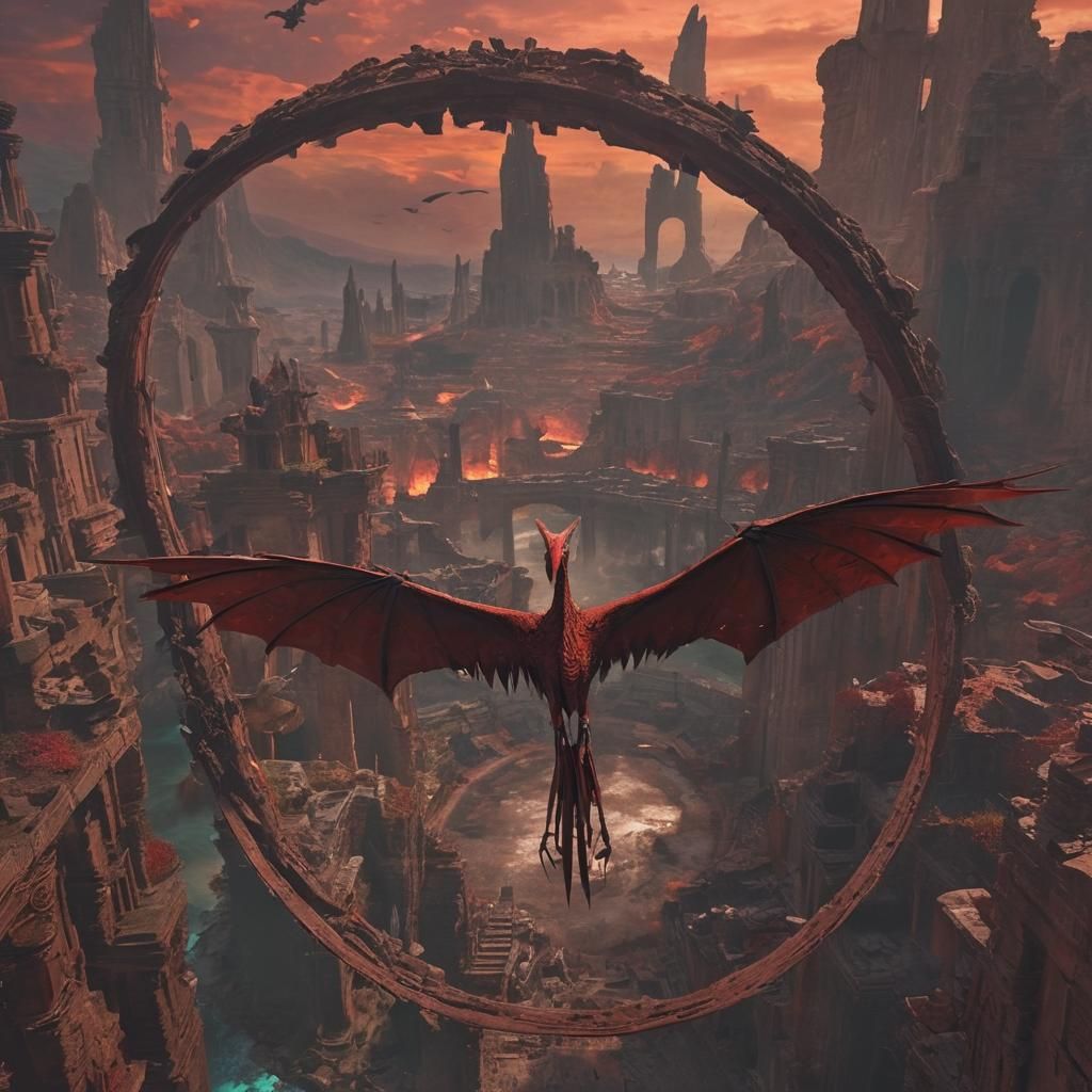 Red Alien Bird-Humanoid in Ancient Ruins