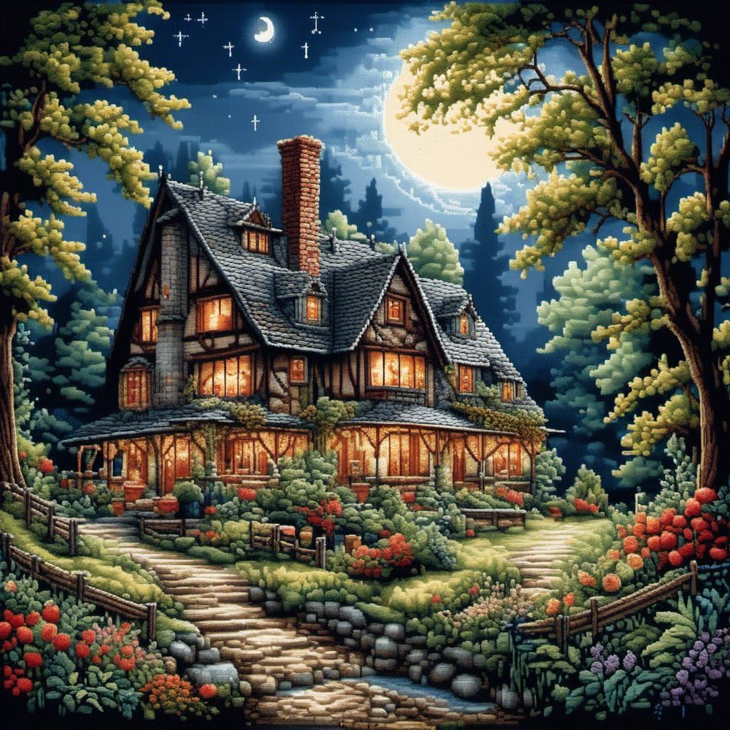 Cross Stitch Country Cottage Under Moonlit Sky