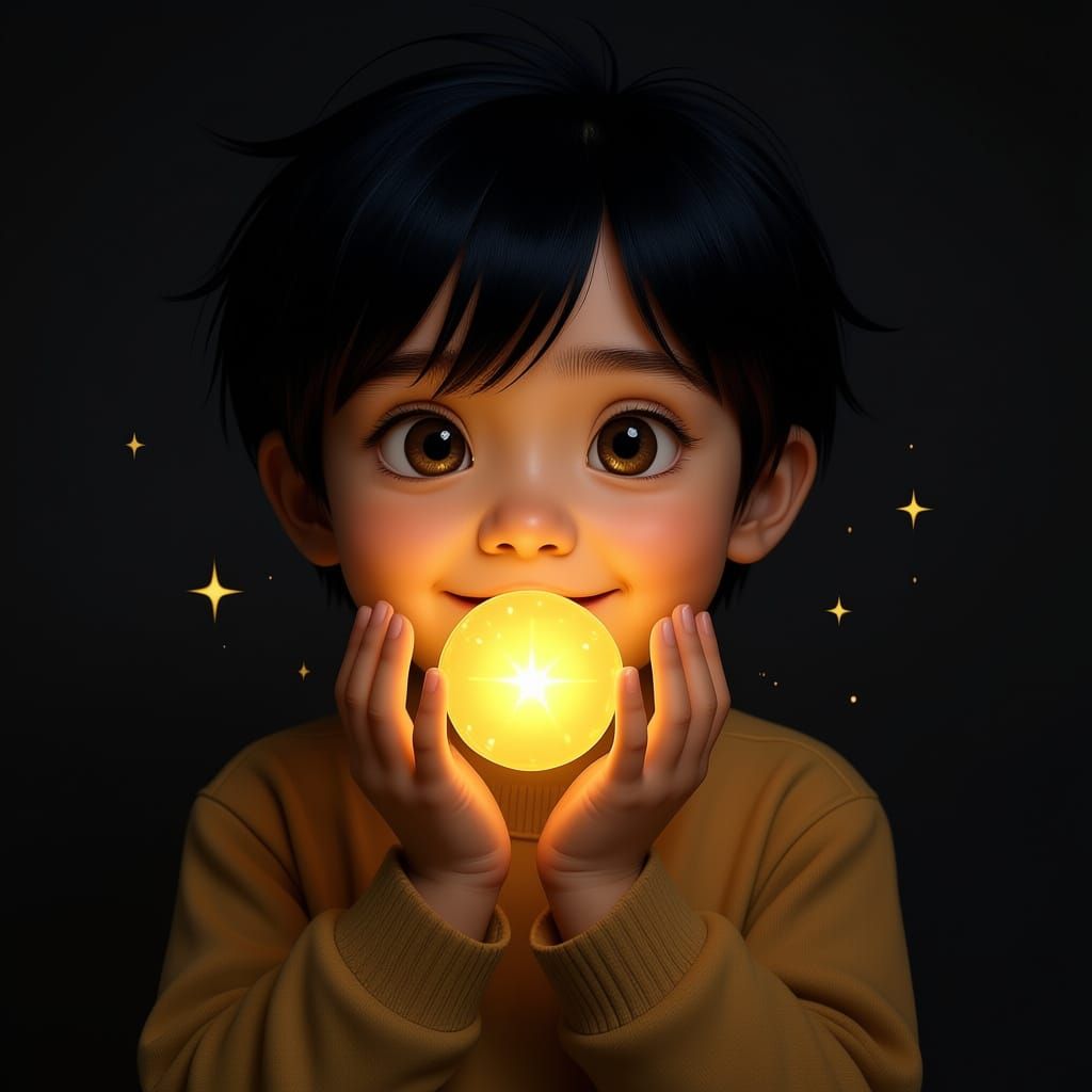 Child in Darkness with Golden Light from Hands