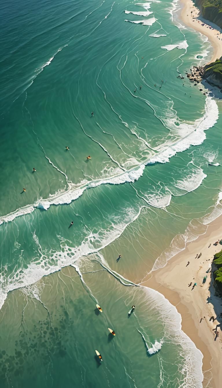 Jade Green Beach with Surfers and "BUD COFFEE" Text