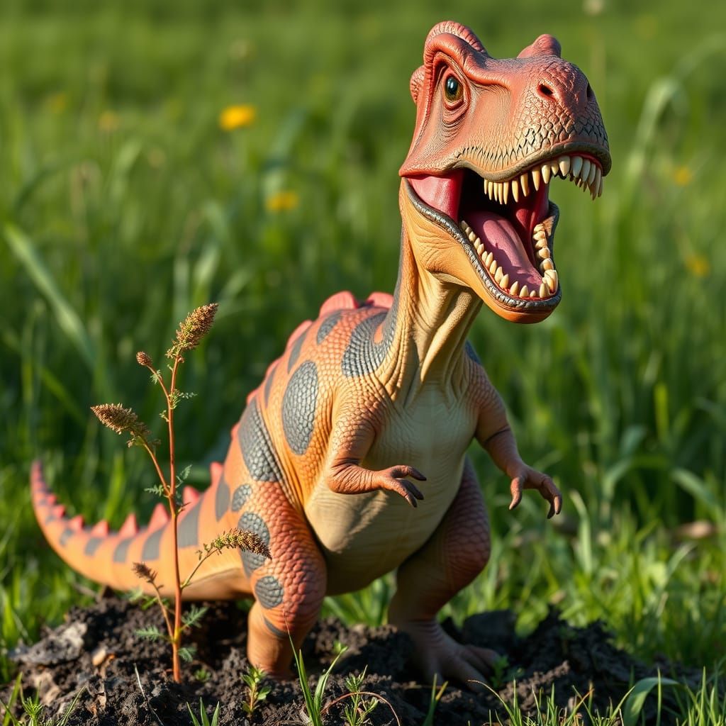 Goofy Dinosaur in Lush Green Pasture