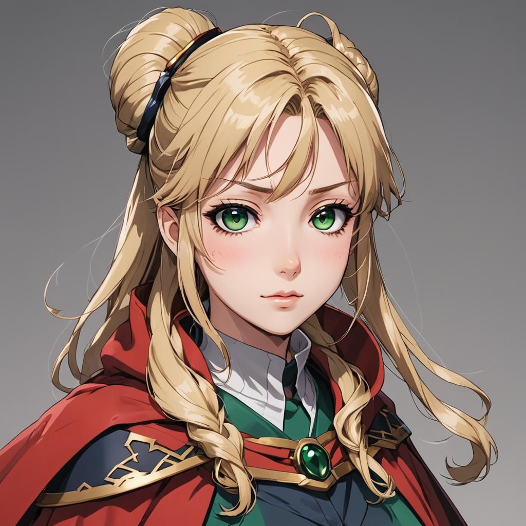 Blonde Girl with Red Cape in Anime Style