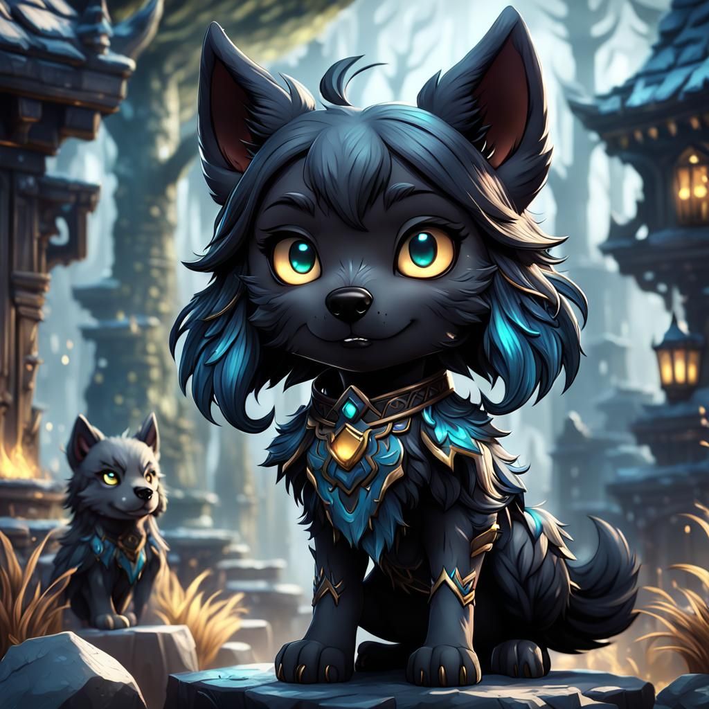 Chibi Black Wolf Girl: Detailed Matte Painting