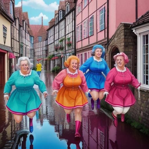 Comical Painting of Joyful Old Ladies in Cobbled Town