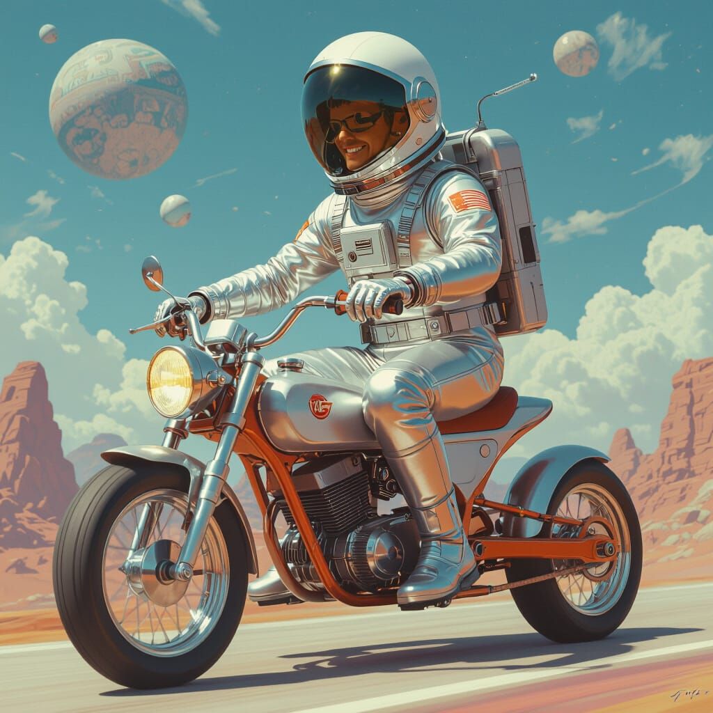 Astronaut on Tricycle in Detailed Sci-Fi Concept Art