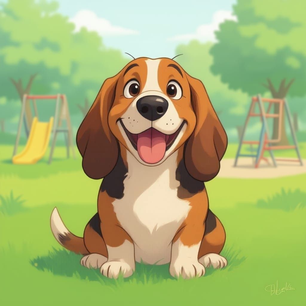 Happy Basset Hound Sitting in Studio Ghibli Style