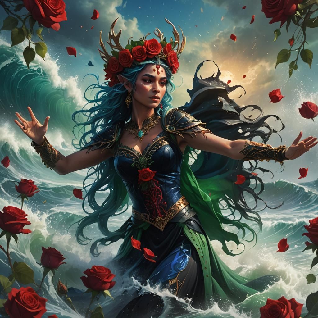Elf Queen Dancing in Tsunami: Hyperrealistic Concept Art