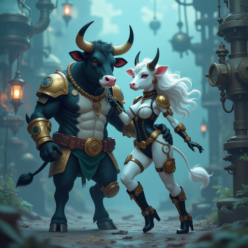 Steampunk Bull and Cow Dance on Alien Planet