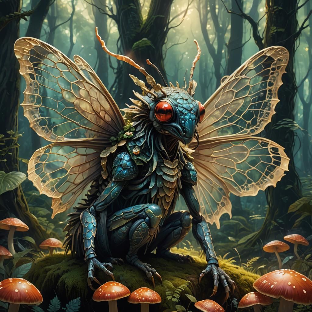 Mystical Insect Creature in Lush Forest