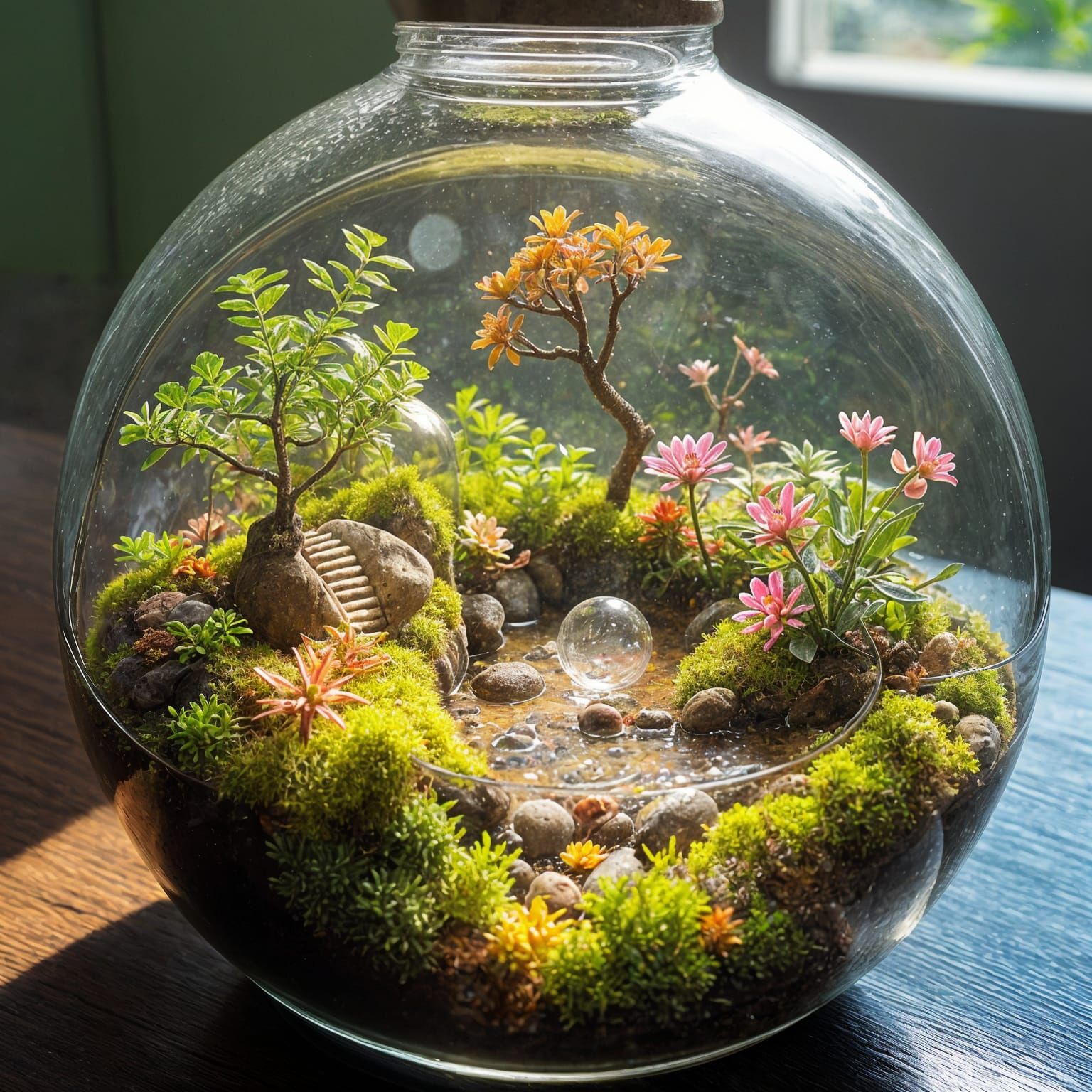 Vibrant Miniature Ecosystem Inside Glass Terrarium